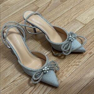 Silver Heels with Rhinestone Bow